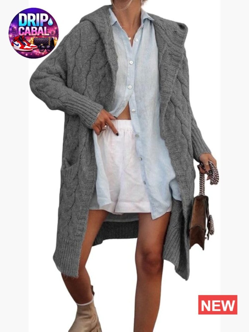 Vintage Cable Knit Hooded Long Cardigan Open Front Slouchy Sweater Coat with